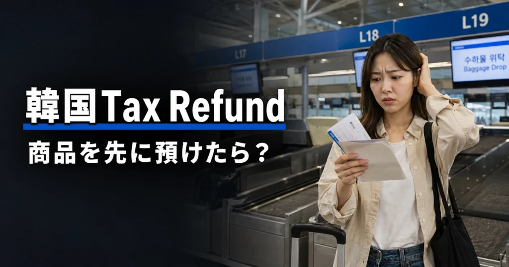 韓国の空港で預け荷物と還付書類を確認する旅行者