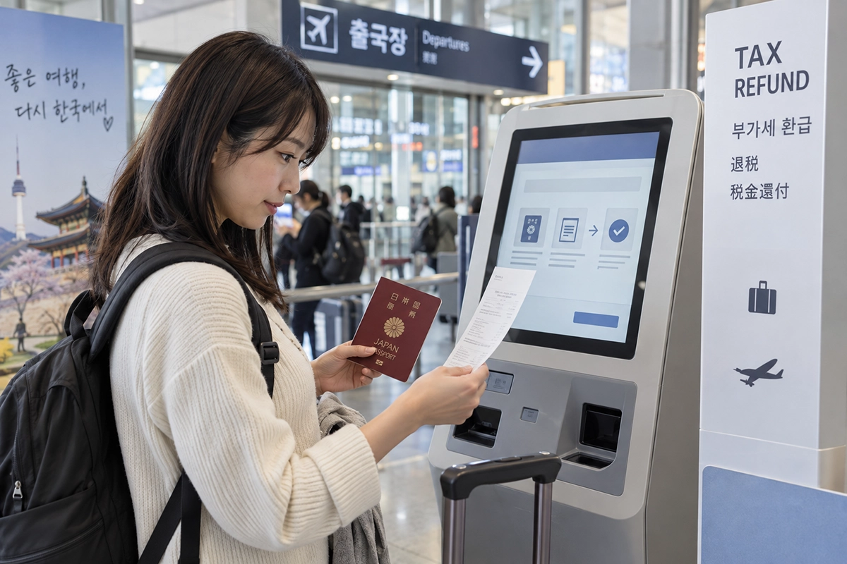 Tax Refundキオスクでパスポートと還付伝票を確認する旅行者