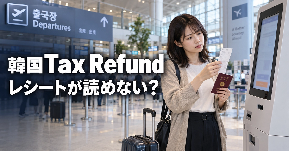 韓国の空港でTax Refundキオスクと還付伝票を確認する旅行者