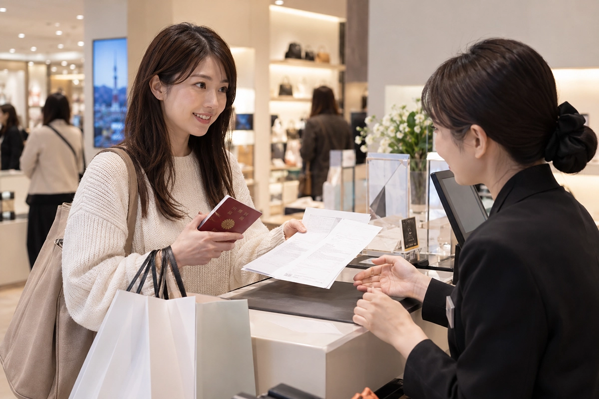 韓国の店舗でTax Refund書類を確認する旅行者