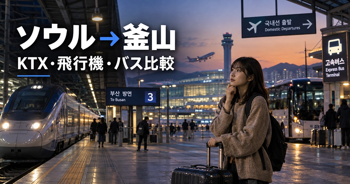 ソウルから釜山への交通手段を検討する旅行者と鉄道・空港・バス