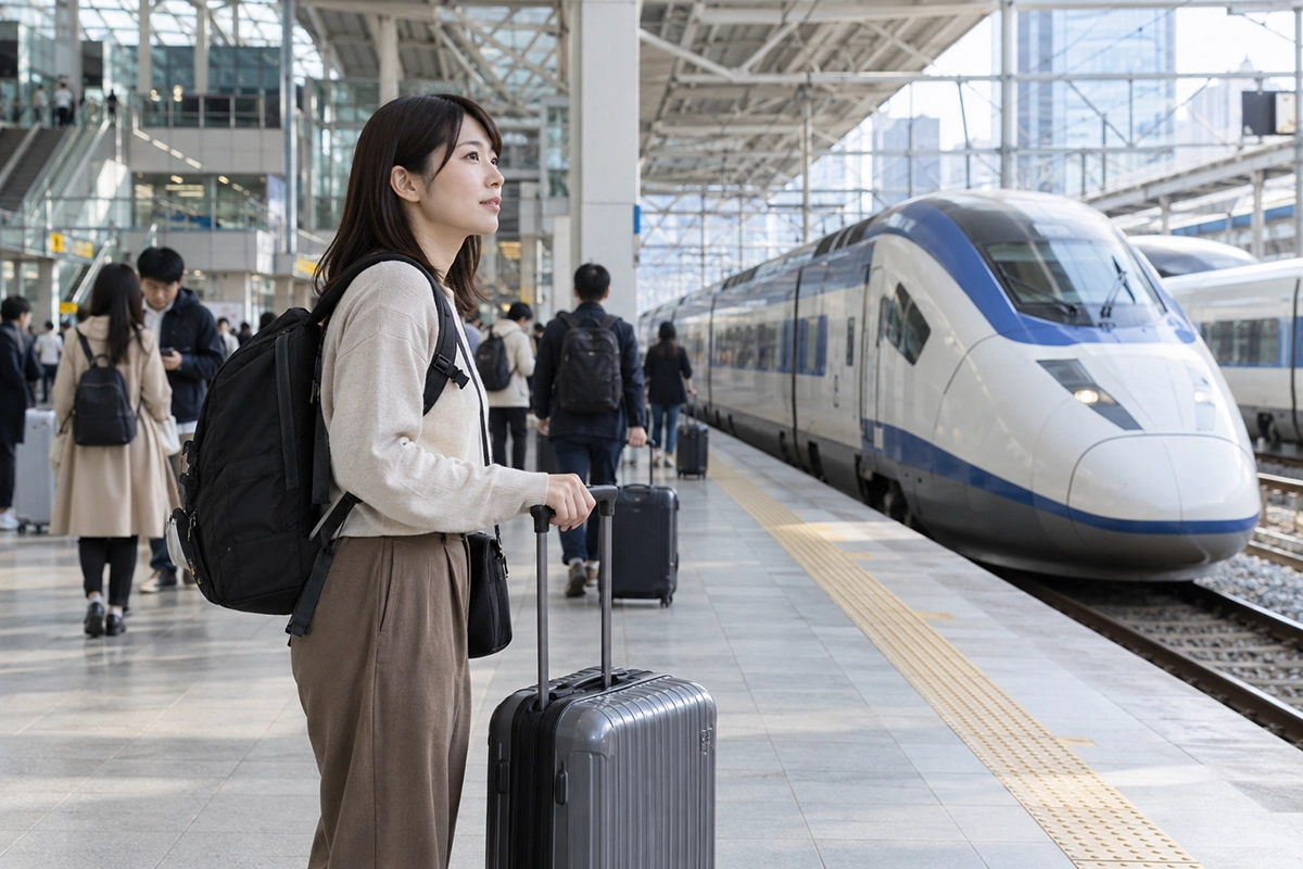 ソウル駅で釜山方面の高速鉄道を待つ旅行者