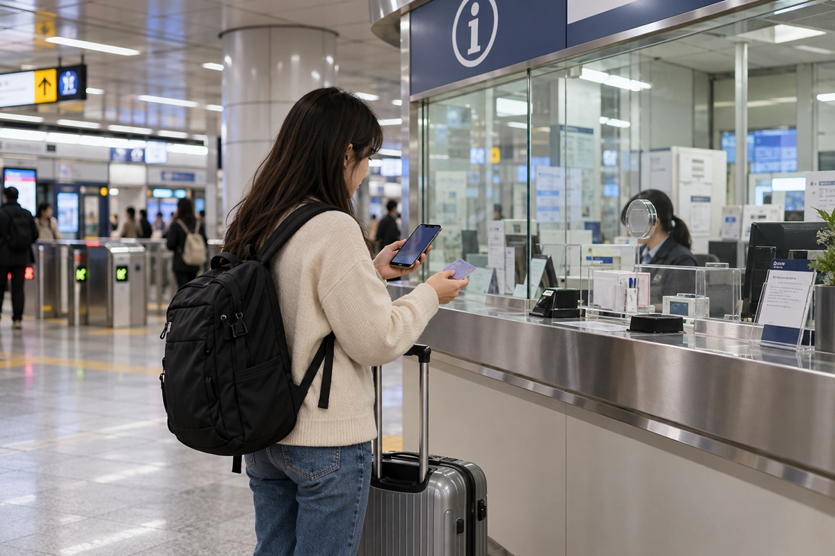 韓国の地下鉄案内所で交通カードを確認する旅行者