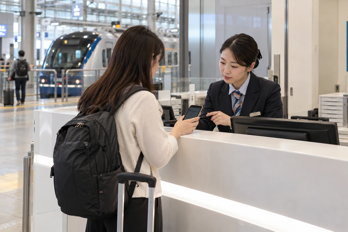 A'REX直通列車の払い戻しについて、ソウル駅の案内窓口で駅員に相談する日本人旅行者