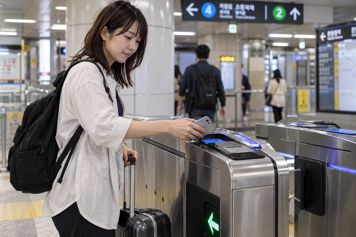 地下鉄改札でAndroidスマホを自然にタッチする旅行者