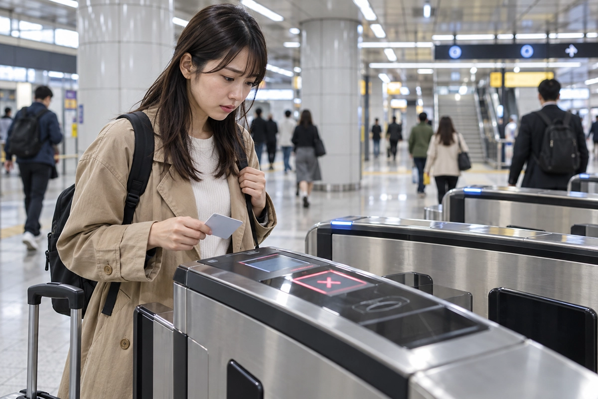 ソウル地下鉄の改札でカードエラーを確認する日本人旅行者