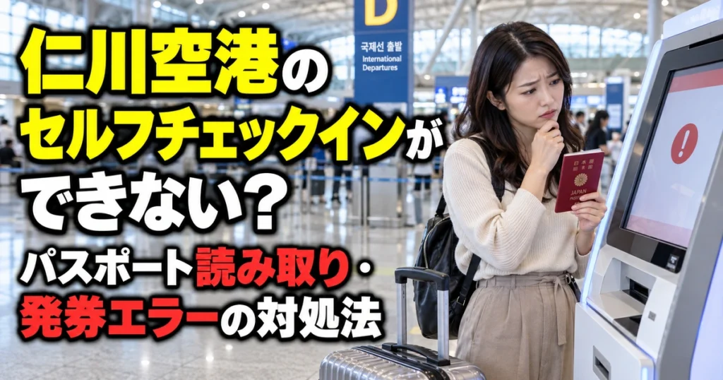 仁川空港のセルフチェックイン機でパスポートを持ちながら発券エラーに困っている日本人旅行者
