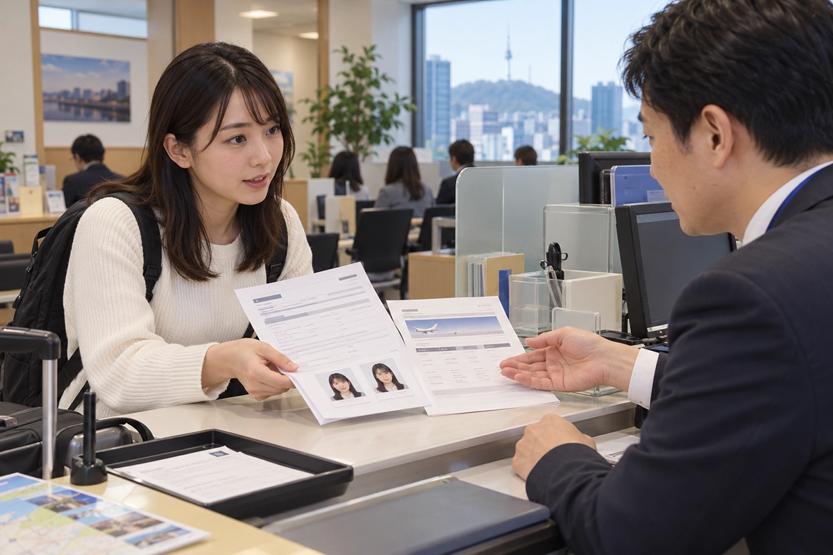 韓国の日本領事窓口で帰国用の渡航書を申請する旅行者
