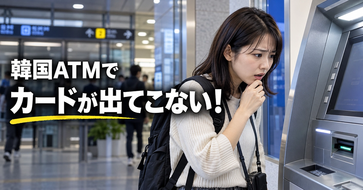 韓国のATMからカードが戻らず機械を確認している日本人旅行者