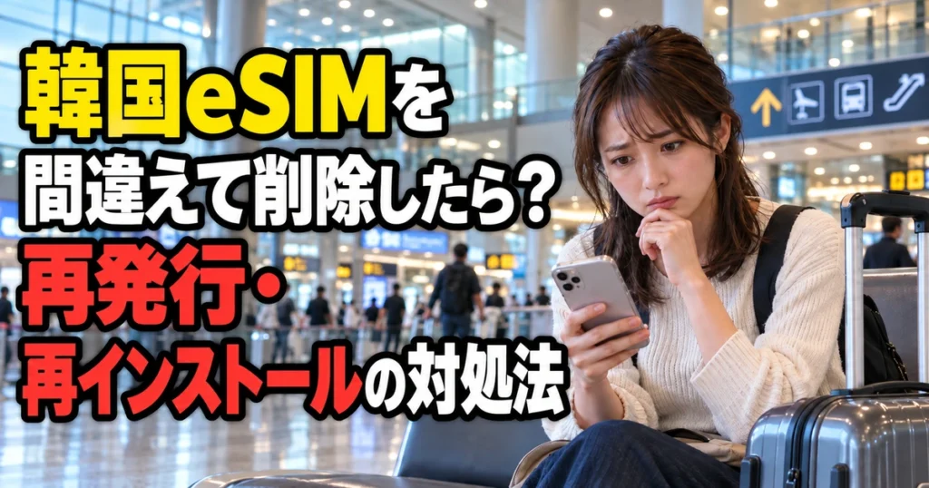 韓国旅行中にeSIMを間違えて削除し、再発行・再インストールの方法をスマートフォンで確認する旅行者