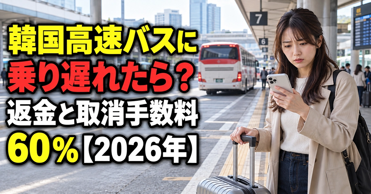 韓国の高速バスターミナルで予約したバスに乗り遅れ、乗車券を確認する日本人旅行者
