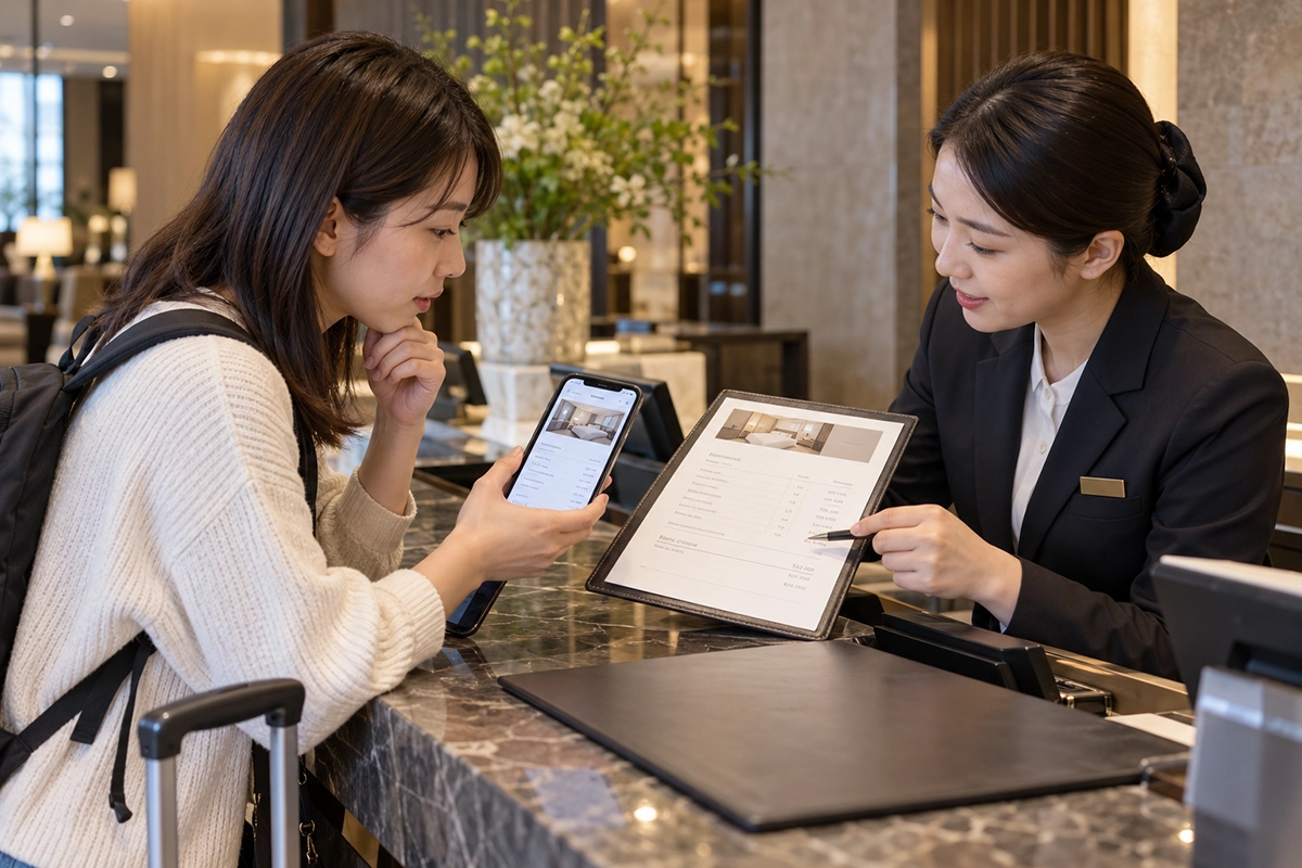 韓国ホテルのフロントで予約確認書とウォン建て料金を比較する日本人旅行者