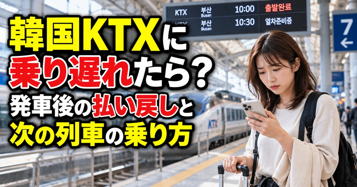韓国KTXに乗り遅れた旅行者が駅のホームでスマートフォンを確認する様子