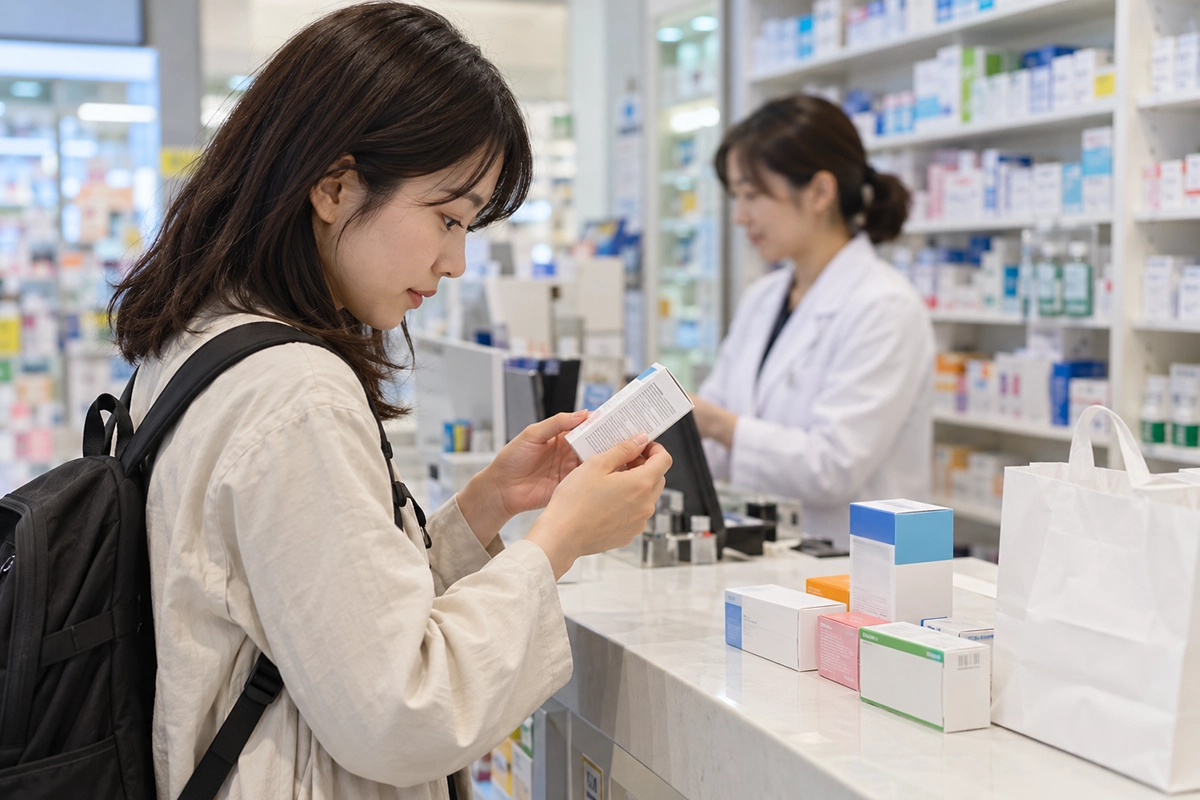 韓国の薬局で医薬品の成分表示を確認する日本人旅行者