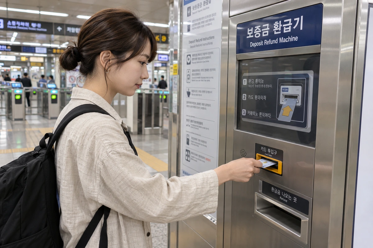 ソウル地下鉄の保証金払戻機に使用済みの1回用交通カードを入れる日本人旅行者