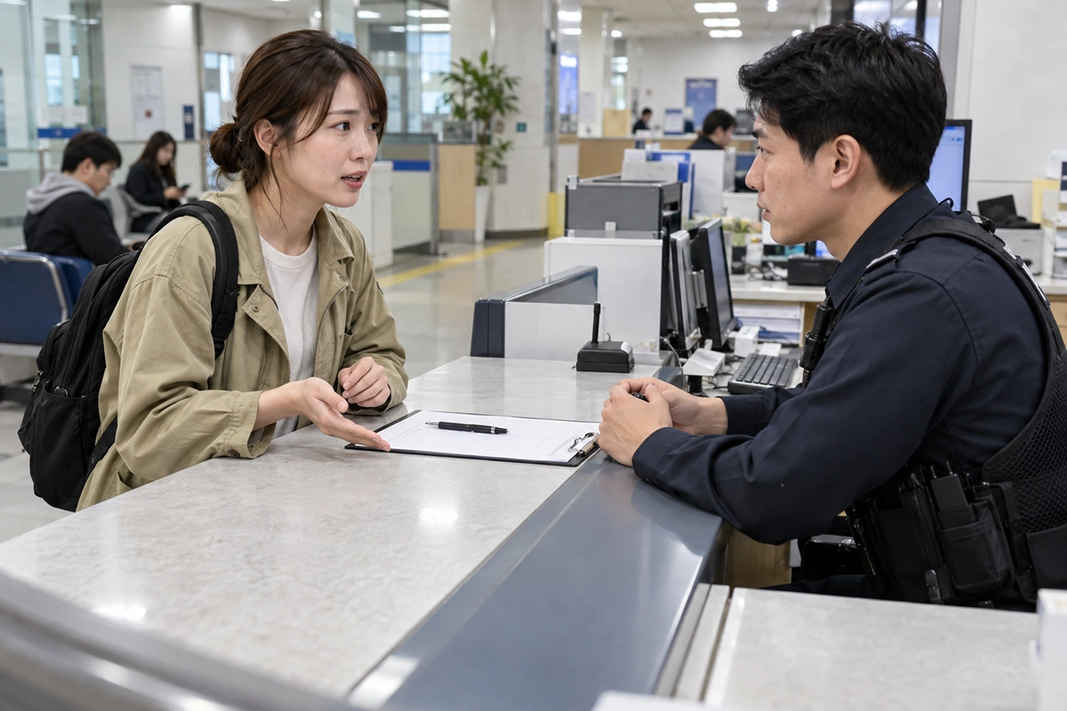韓国の警察署でバッグの盗難を申告する旅行者