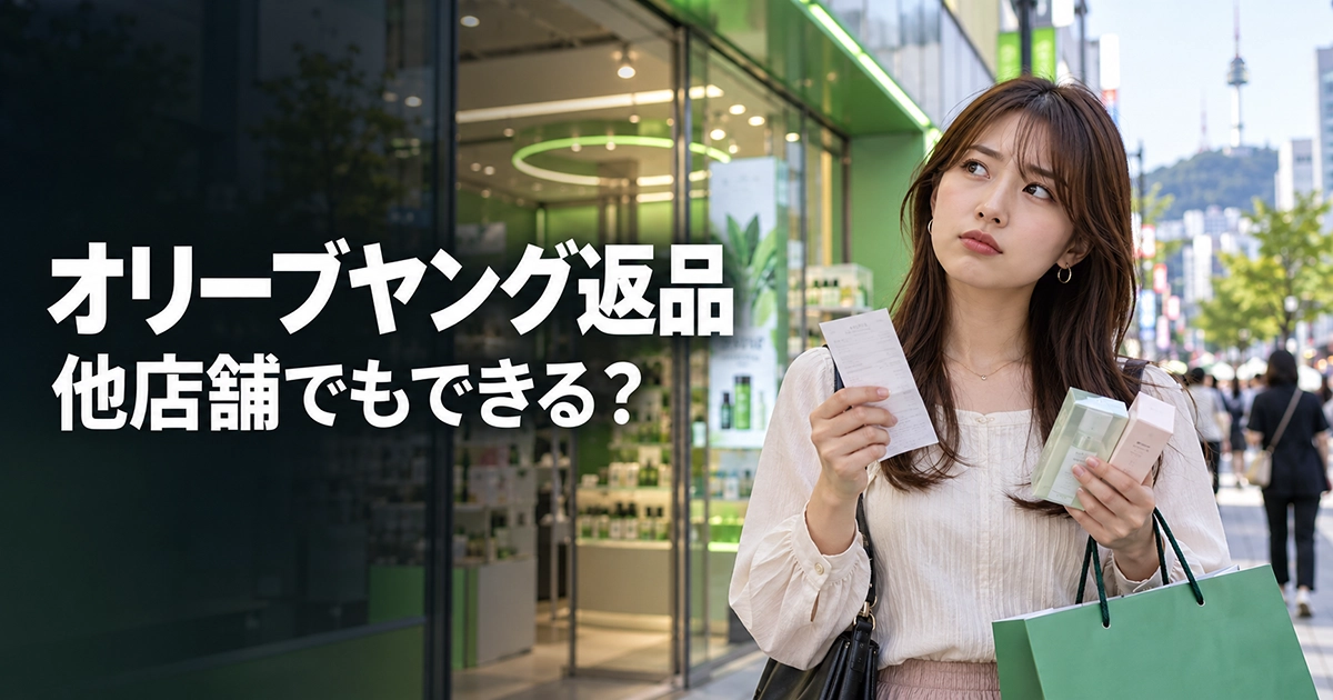 韓国のコスメ店前で未開封の商品とレシートを確認する日本人旅行者
