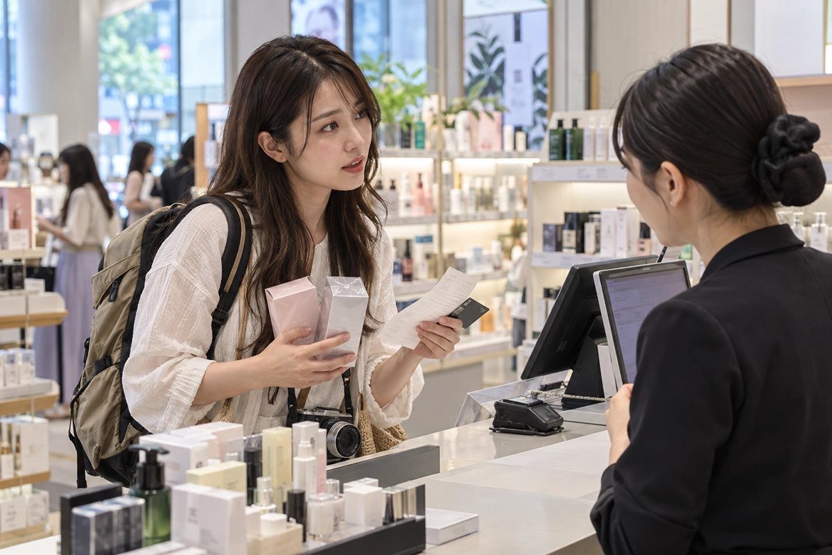 韓国のコスメ店で未開封商品とレシートを持って返品を相談する日本人旅行者