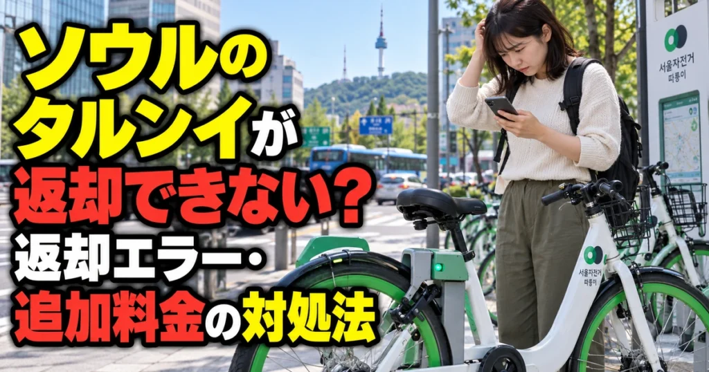 ソウルのタルンイ返却所で返却エラーに気づき、スマートフォンを確認する日本人旅行者
