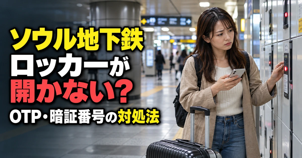 ソウル地下鉄のコインロッカーが開かず、スマートフォンを確認して困っている日本人旅行者